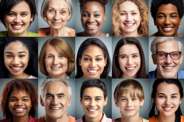 Mosaico de retratos alegres de personas multirraciales collage de diferentes edades IA generativa