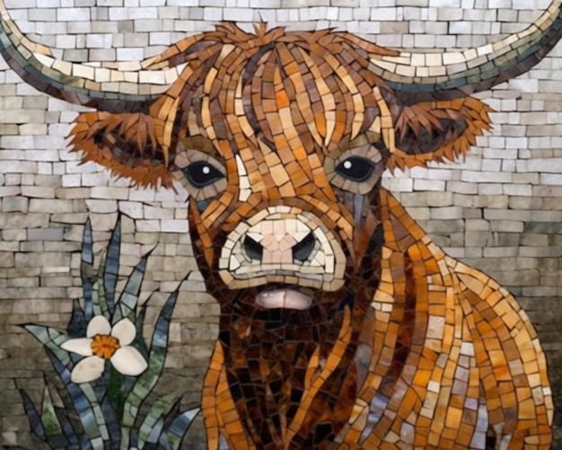 Foto un mosaico de un toro con una flor en el medio.