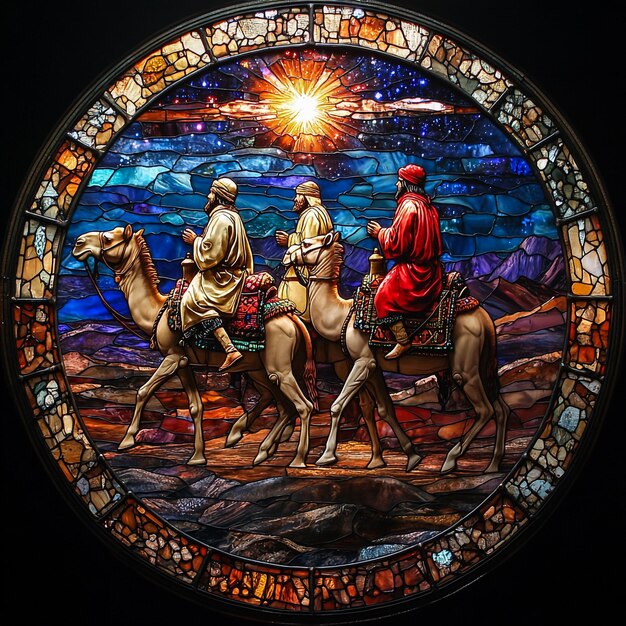 un mosaico de tres hombres montando caballos con el sol brillando en la parte superior