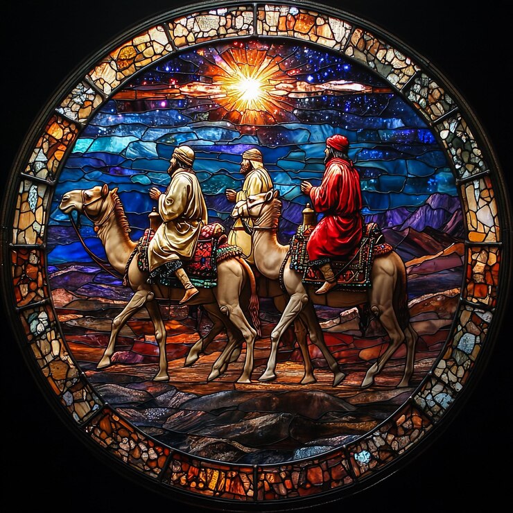 un mosaico de tres hombres montando caballos con el sol brillando en la parte superior