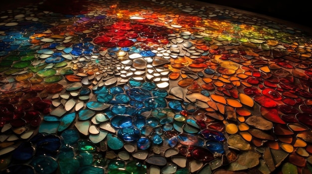 Un mosaico de vidrios rotos se muestra sobre una mesa.