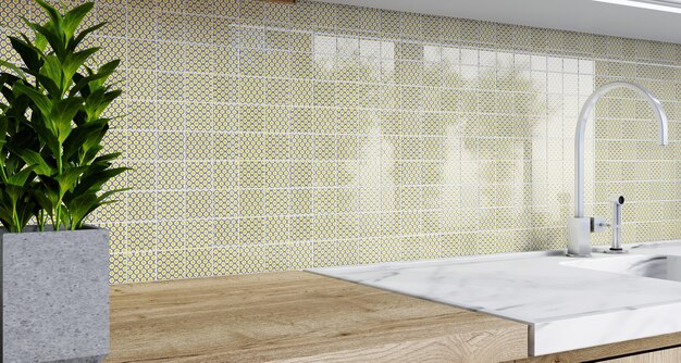 Mosaik Backsplash in der Küche. 3D-Rendering. Modernes Interieur