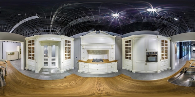 MOSCÚ RUSIA MARZO 2017 panorama hdri esférico completo sin costuras dentro del interior de la tienda de cocina de muebles con estilo de lujo en contenido de VR de proyección equirectangular