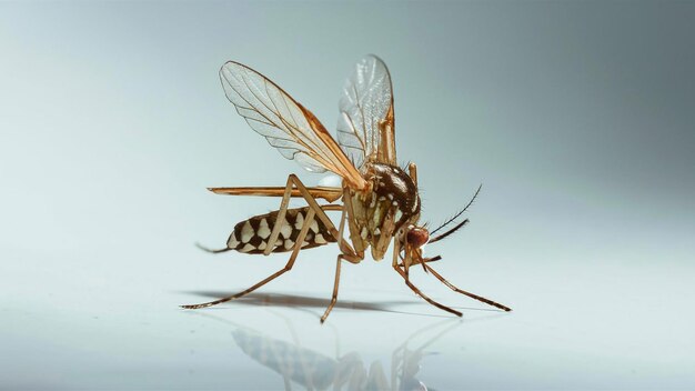una mosca con un cuerpo amarillo y un gran insecto en su cara