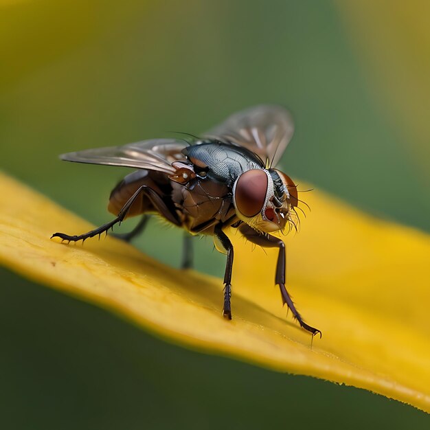 Mosca doméstica numa folha amarela gerada pela IA