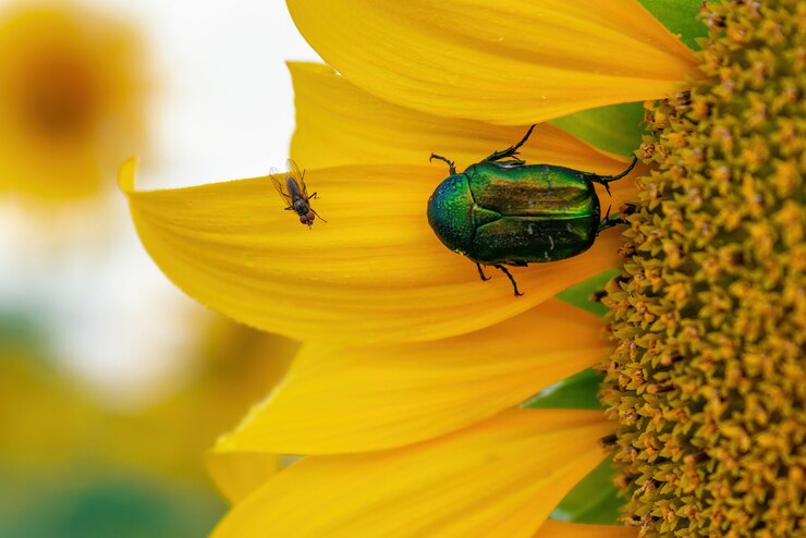 Foto mosca e besouro forra rosa verde brilhante nas pétalas de girassol, tiro macro.