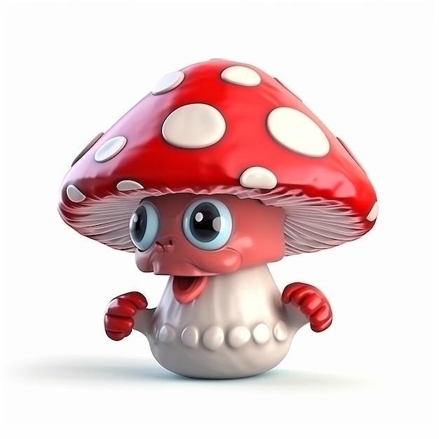 Mosca hongo agaric hongo rojo venenoso divertido dibujo animado lindo ilustración en 3d sobre fondo blanco