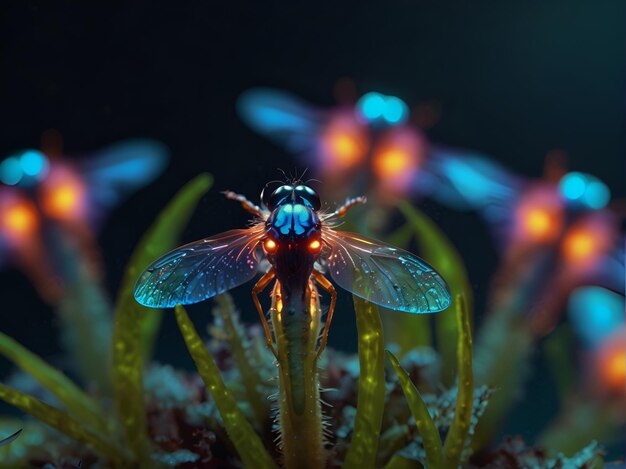 Foto mosca inseto close-up mosca sentada em um fundo escuro planta