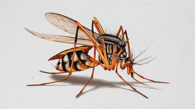 una mosca muerta con un cuerpo amarillo y un gran pico naranja