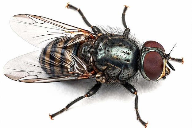 Una mosca negra con la cara roja y los ojos marrones.