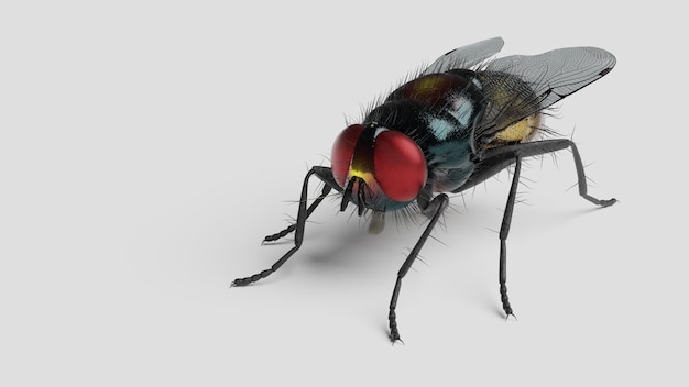 La mosca plaga de primer plano es un insecto molesto en un fondo blanco.