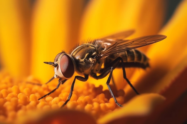 Una mosca se posa sobre una flor amarilla con un ojo morado.