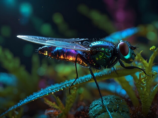 Foto la mosca de primer plano de un insecto sentada en un fondo oscuro de una planta