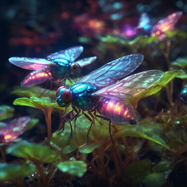 Foto la mosca de primer plano de un insecto sentada en un fondo oscuro de una planta