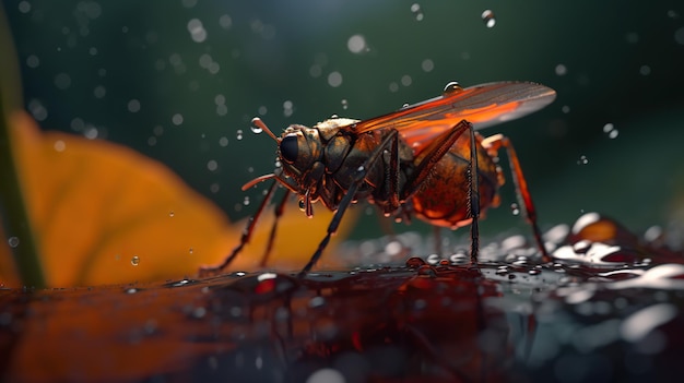 Una mosca roja y naranja está cubierta de gotas de agua.