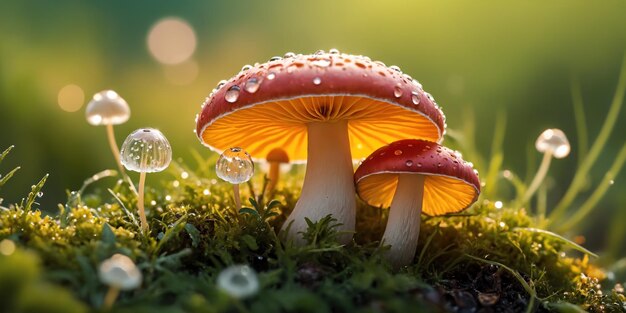 Mosca setas agaric en el musgo hermosa escena de la naturaleza.