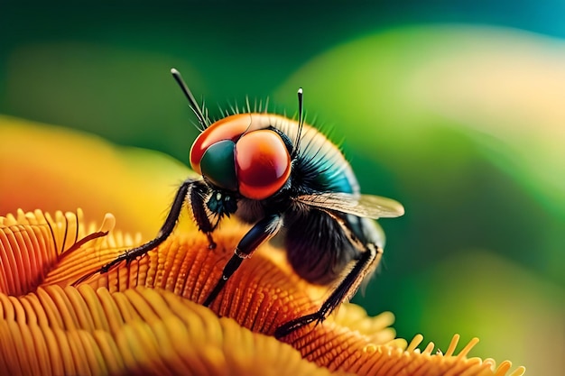 Una mosca se sienta en una flor con un fondo verde.