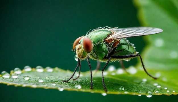 una mosca verde con un pico amarillo se sienta en una hoja húmeda
