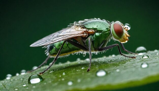 una mosca verde con un pico amarillo se sienta en una hoja húmeda