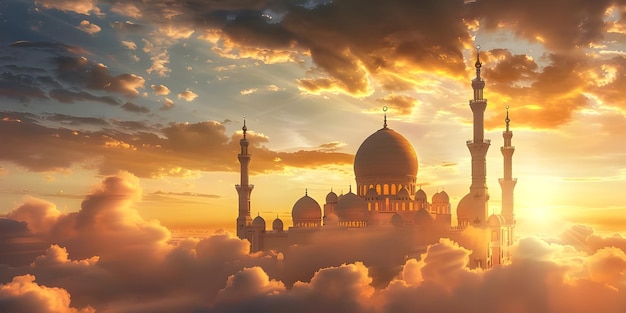 Moschee auf den Wolken im Sonnenuntergang Schöne Moschee in den Wolken Ai Generated