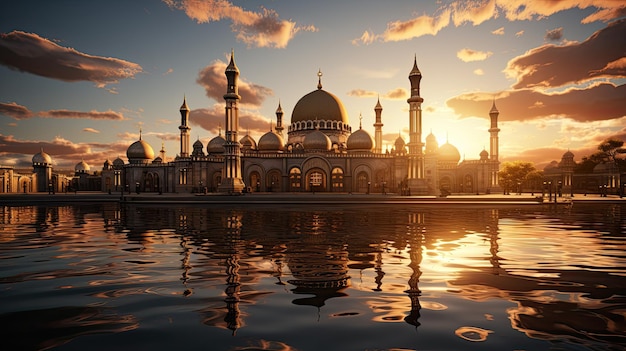 Moschee bei Sonnenuntergang in einer großen Landschaft