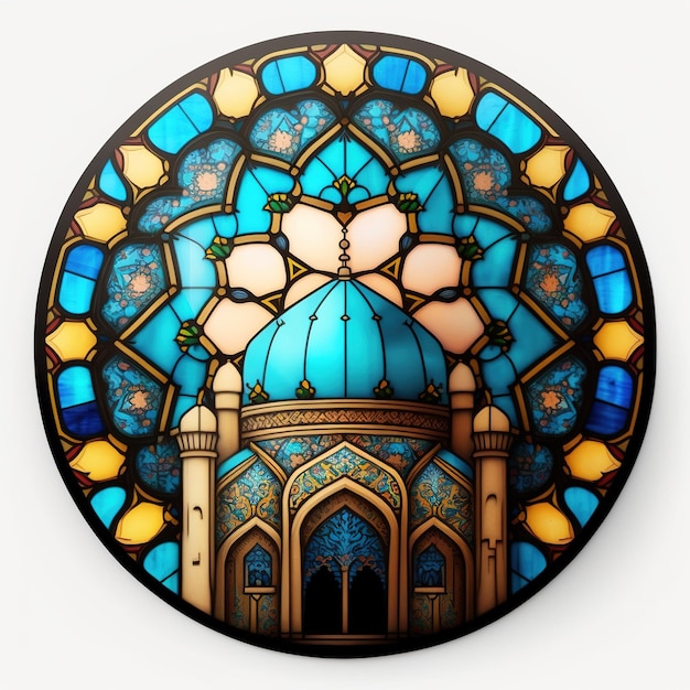 Moschee im Chibi-Stil auf Buntglas, Kaleidoskopeffekt, Moschee. Ramadan Kareem-Design.