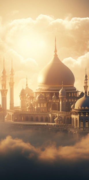 Moschee in den Wolken mit Himmelhintergrund islamischer Neujahrsgruß