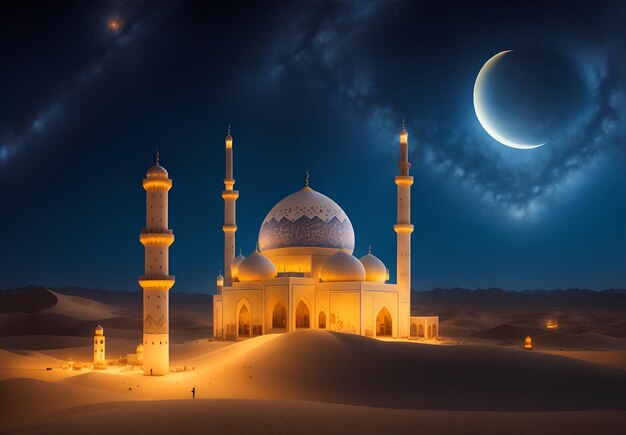 Foto moschee in der wüste mit einem ki-generierten galaxienhimmel im hintergrund