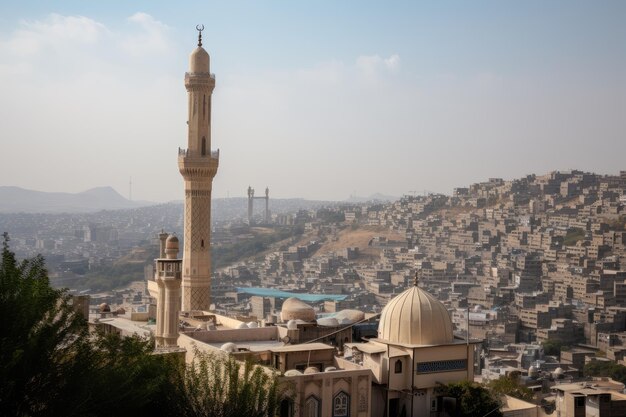 Moschee in verwinkeltem Stadtbild mit darüber ragenden Minaretten