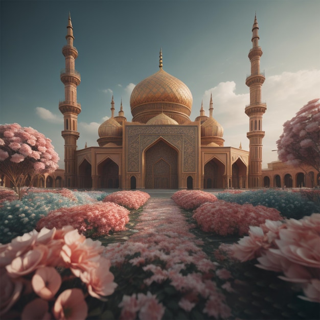 Foto moschee mit blumenpflanzen