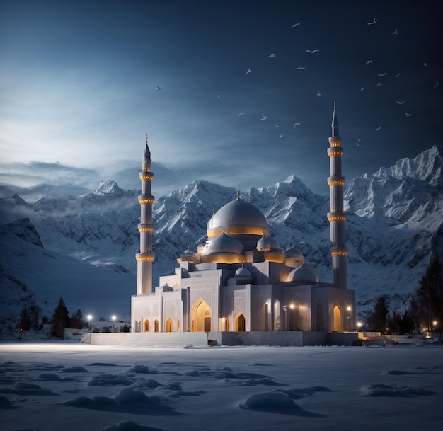 Foto moschee mit mondlicht-berg-hintergrund