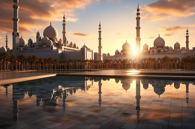 Moschee mit Reflexion im Wasser bei Sonnenuntergang Ai Generated