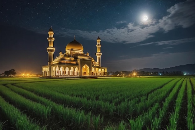 Moschee mitten auf einem Reisfeld