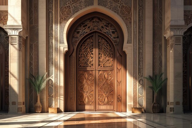 Moschee-Tür bei Sonnenuntergang Die Moschee ist mit islamischen Mustern geschmückt