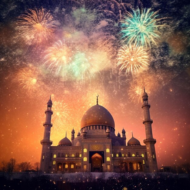 Moschee und Feuerwerk im Hintergrund