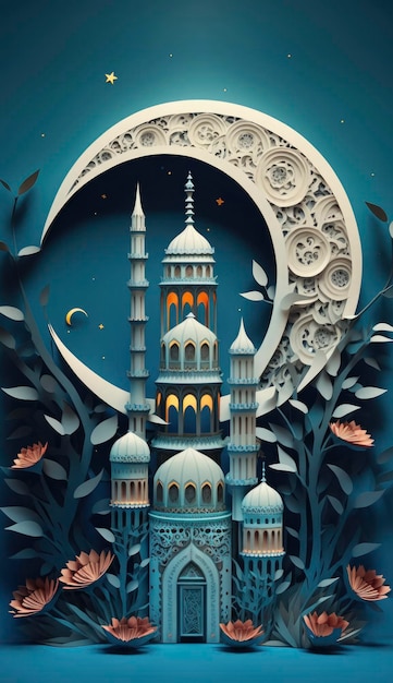 Moschee und Mond auf blauem Hintergrund 3D-Rendering und Illustration Generieren Sie Ai