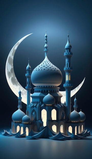 Moschee und Mond auf blauem Hintergrund 3D-Rendering und Illustration Generieren Sie Ai