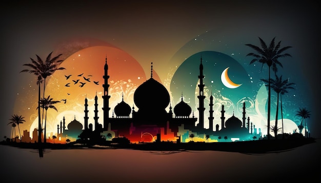 Moschee und Palmen Silhouette bei Nacht mit Halbmond Ramadan Kareem Generative AI