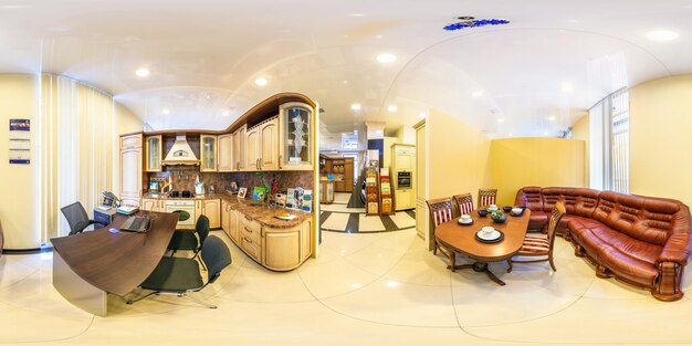 MOSCOVO RÚSSIA 19 DE FEVEREIRO DE 2013 Panorama na loja de cozinha de móveis elegantes interiores Panorama sem costura de 360 graus completo em projeção esférica equidistante equirretangular