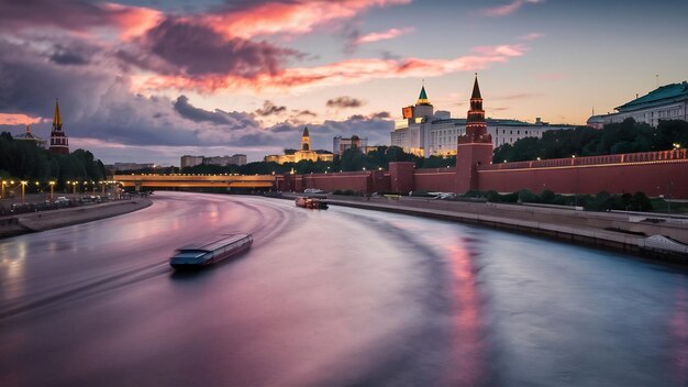 Moskva-Fluss mit langer Exposition in der Nähe des Kremls am Abend in Moskau, Russland