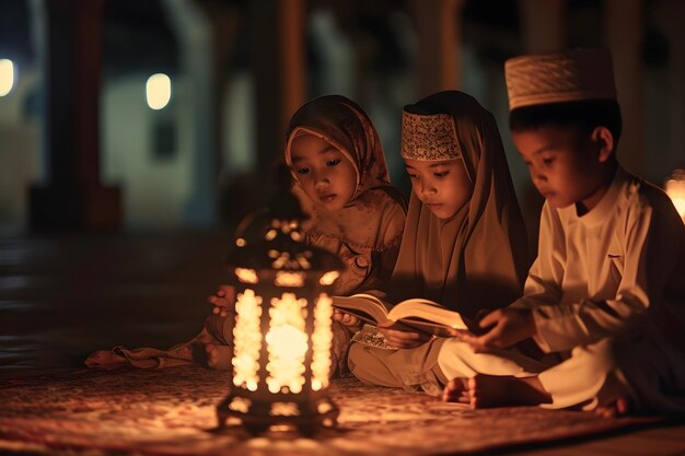 Moslemische Menschen mit Laternen fackeln feiern Eid Mubarak