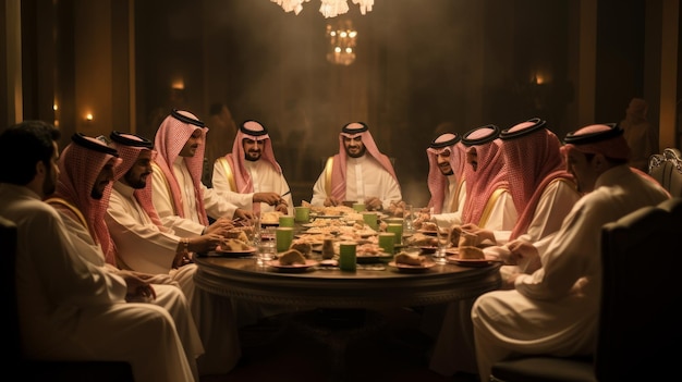 Moslems aus dem Nahen Osten essen zusammen ein großes Essen