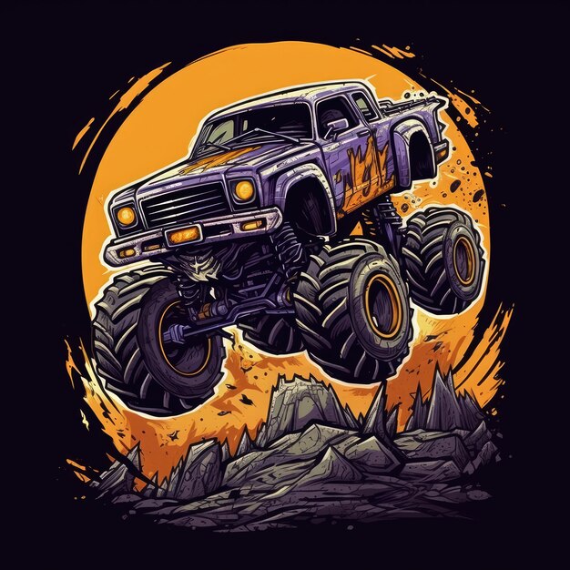 mosnter camión coche jeep camiseta diseño imprimible pegatina negro miedo maqueta tatuaje ilustración arte