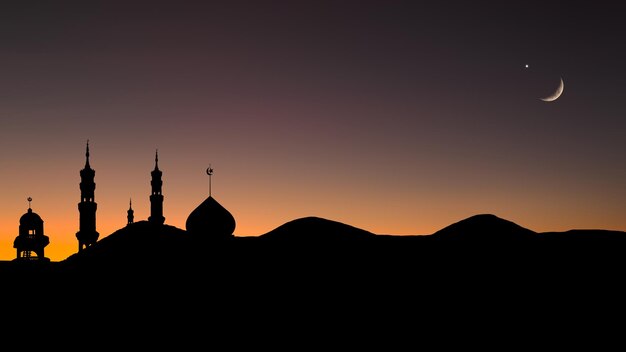 Mosque Dome Night Building with Sky Moon Sunset Background Mubaruk Greeting Islam Ramadan Element Masjid Aqsa Hajj Kaaba Umrah Eid Religião árabe Islâmica Muhammad Árabe muçulmano Greeting