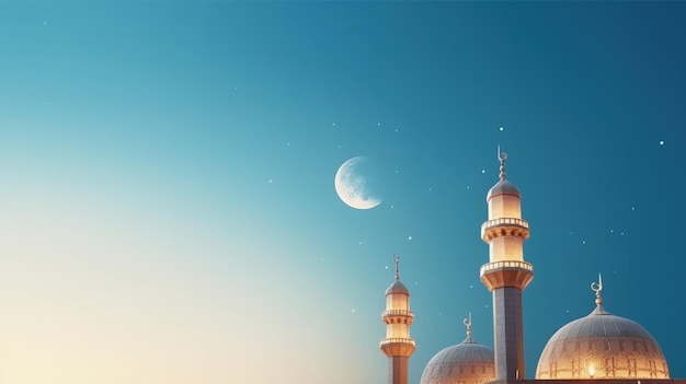 Mosques Dome en el cielo crepuscular azul oscuro y Crescent Moon en el fondo Ilustración AI Generativo