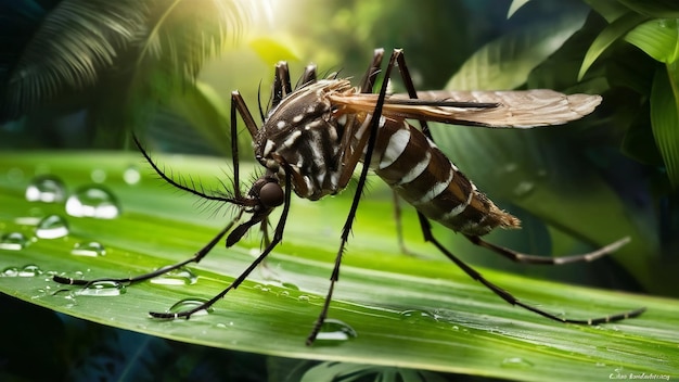 Mosquito Aedes aegypti que transmite dengue no Brasil empoleirado em uma folha fotografia macro selecionar