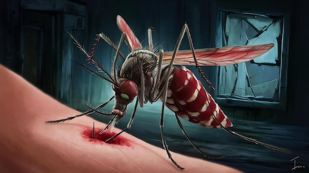 Foto el mosquito aedes está chupando sangre de la piel humana.