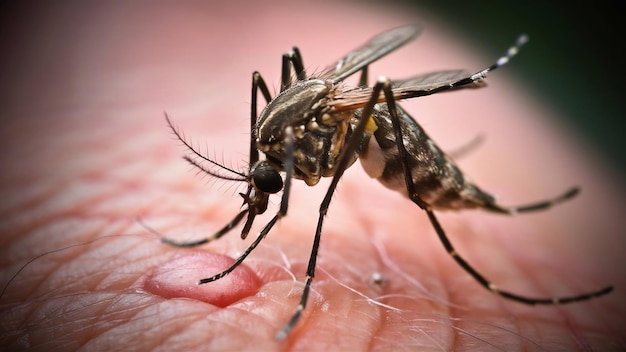 Mosquito de cerca chupando sangre de la piel humana