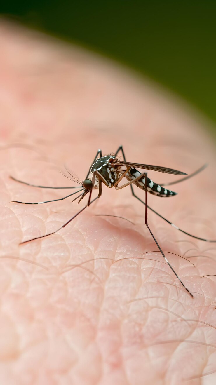 Foto mosquito em close-up na pele do corpo e das pernas claramente visível contra um fundo macio papel de parede móvel