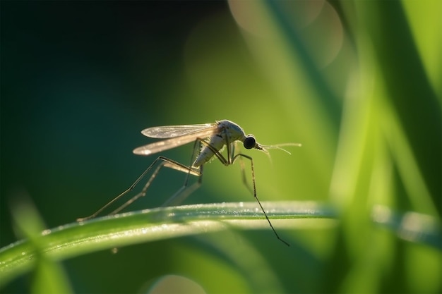 Mosquito em uma lâmina de grama em Beautiful